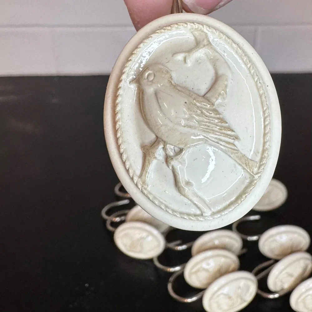 Shower Curtain Hooks Set of 12 Cream Bird Embossed  Bathroom Decor or crafting